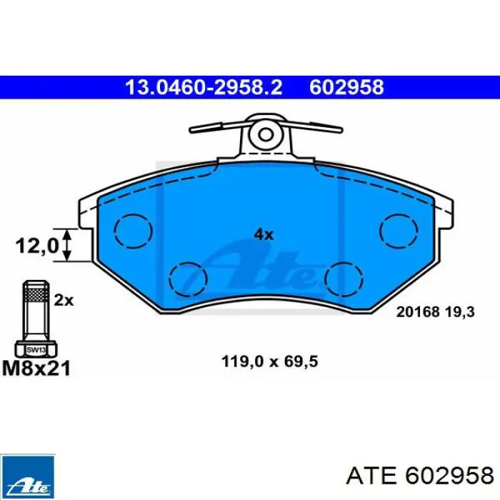 Передние тормозные колодки 602958 ATE