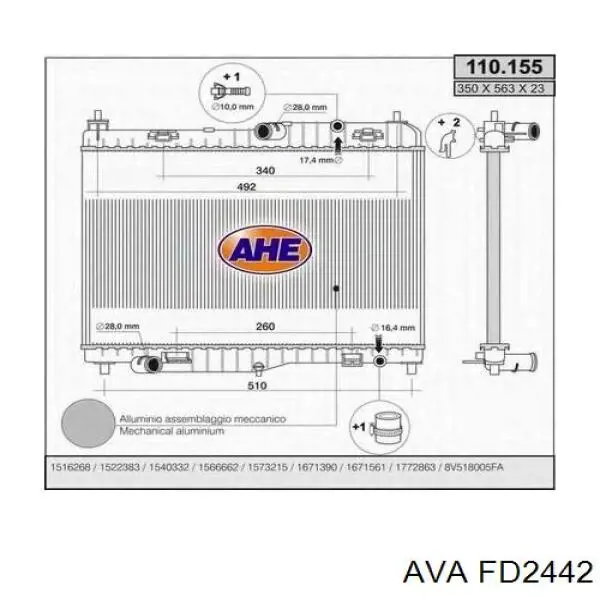 Радиатор охлаждения двигателя AVA FD2442 цена, от 68.09 USD