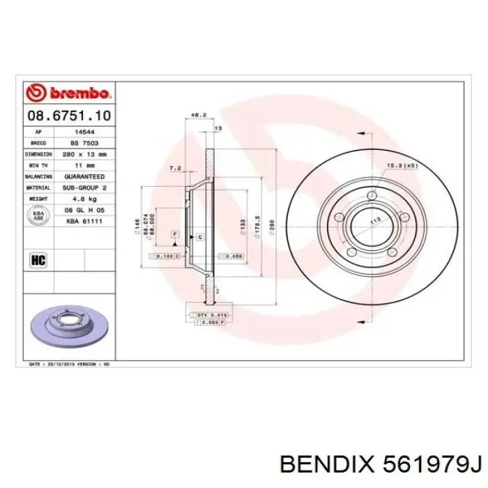 Передние тормозные диски 561979J Jurid/Bendix