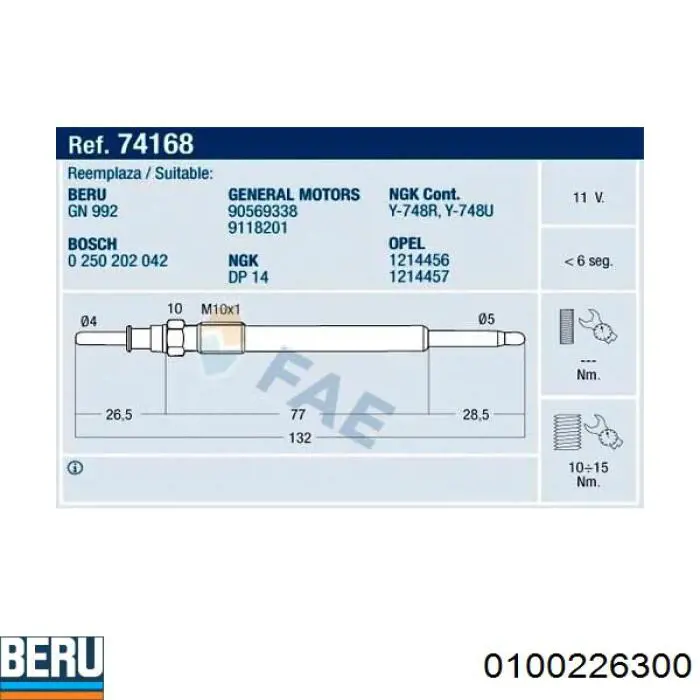 Свечи накала Beru 0100226300 цена, от 8.38 USD