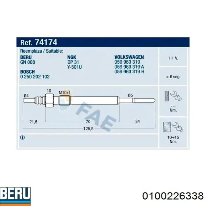 Свечи накала Beru 0100226338 цена, от 9.77 USD