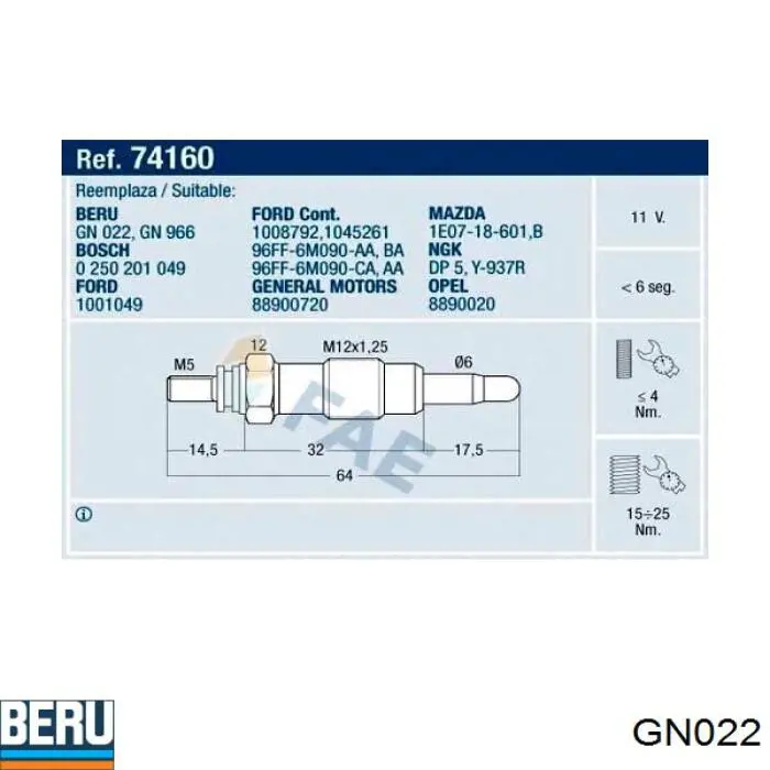 Свеча накала Beru GN022