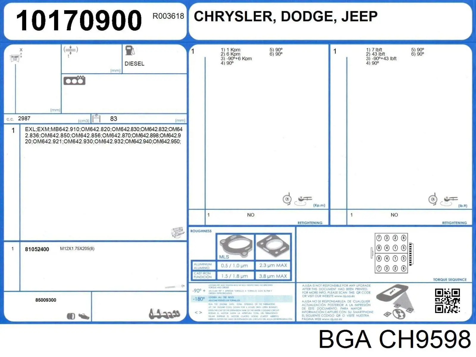 Прокладка головки блока цилиндров (ГБЦ), правая BGA CH9598 цена, от 40.85 USD