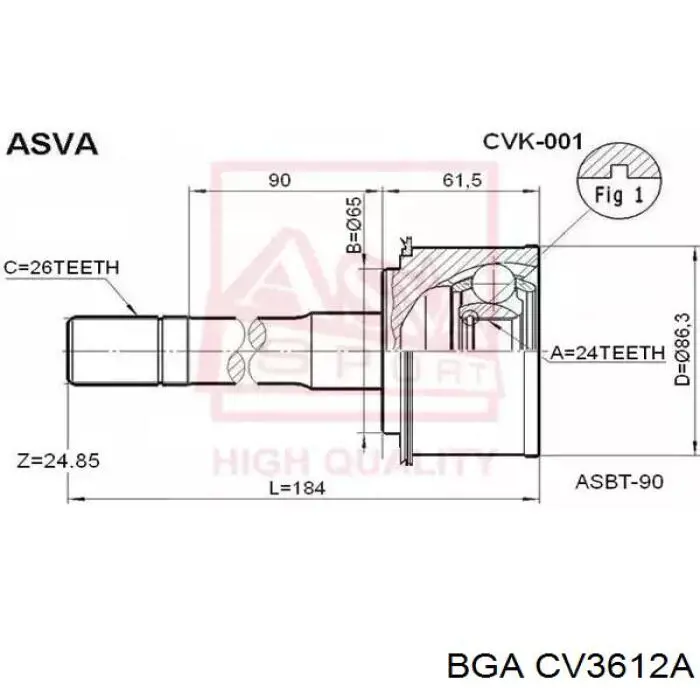 Шарнир угловых скоростей внутренний передний BGA CV3612A цена, от 25.56 USD