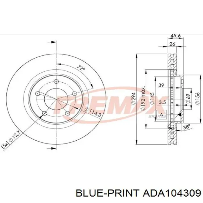 Передний тормозной диск Blue Print ADA104309