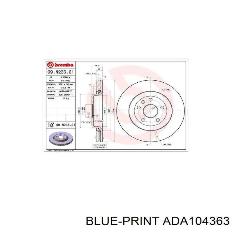 ADA104363 Blue Print Диск тормозной передний