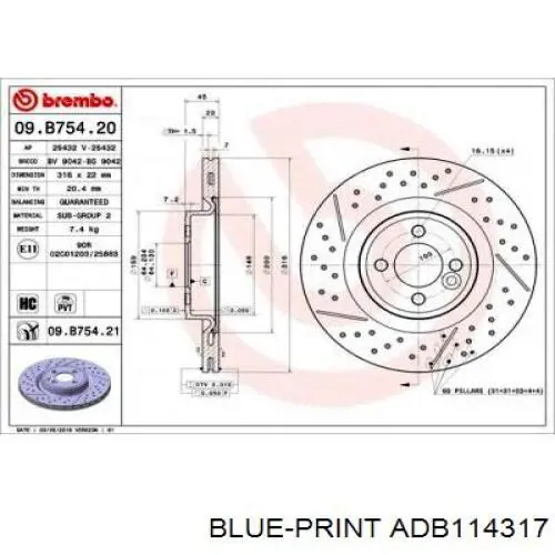 Передний тормозной диск Blue Print ADB114317
