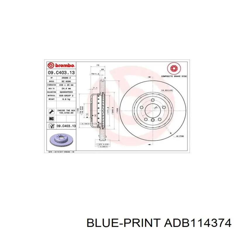 Передние тормозные диски ADB114374 Blue Print