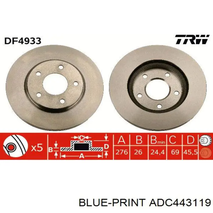 Передние тормозные диски ADC443119 Blue Print