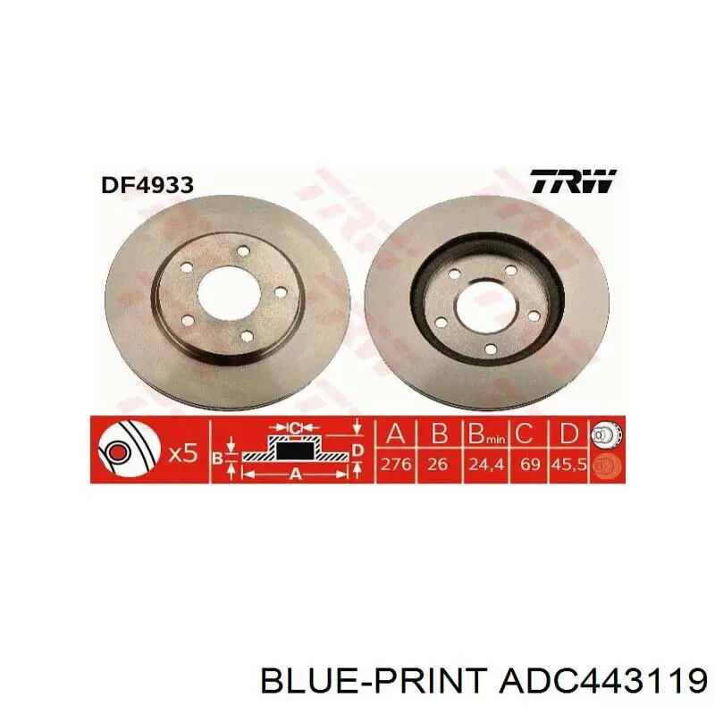 Передний тормозной диск Blue Print ADC443119