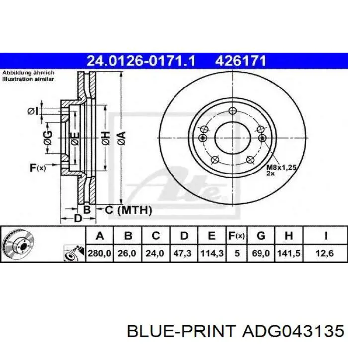 Тормоз дисковый передний Blue Print ADG043135 цена, от 43.42 USD