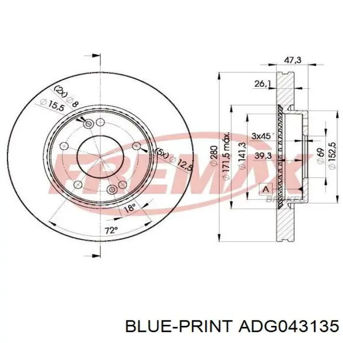 Передние тормозные диски ADG043135 Blue Print