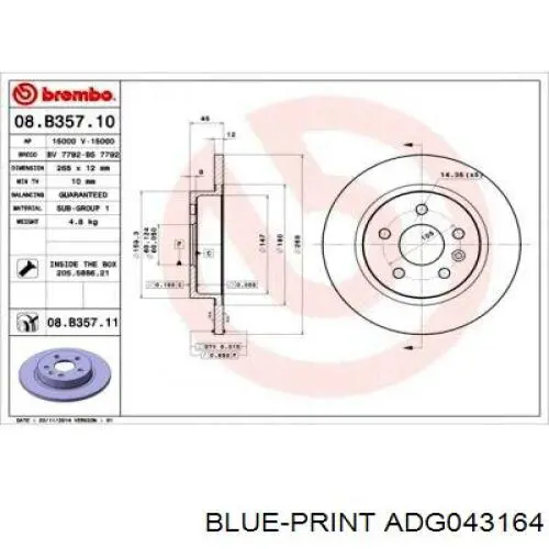 Задний тормозной диск Blue Print ADG043164 цена, от 32.85 USD