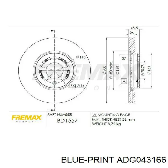 Передние тормозные диски ADG043166 Blue Print