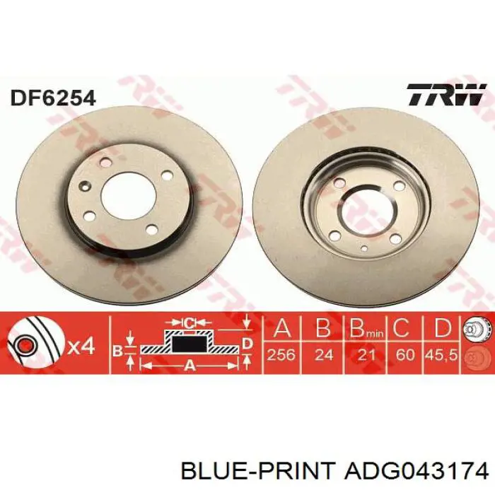 Передние тормозные диски ADG043174 Blue Print