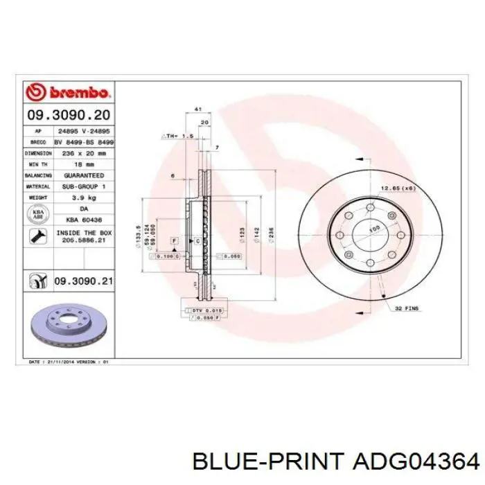 ADG04364 Blue Print Диск тормозной передний