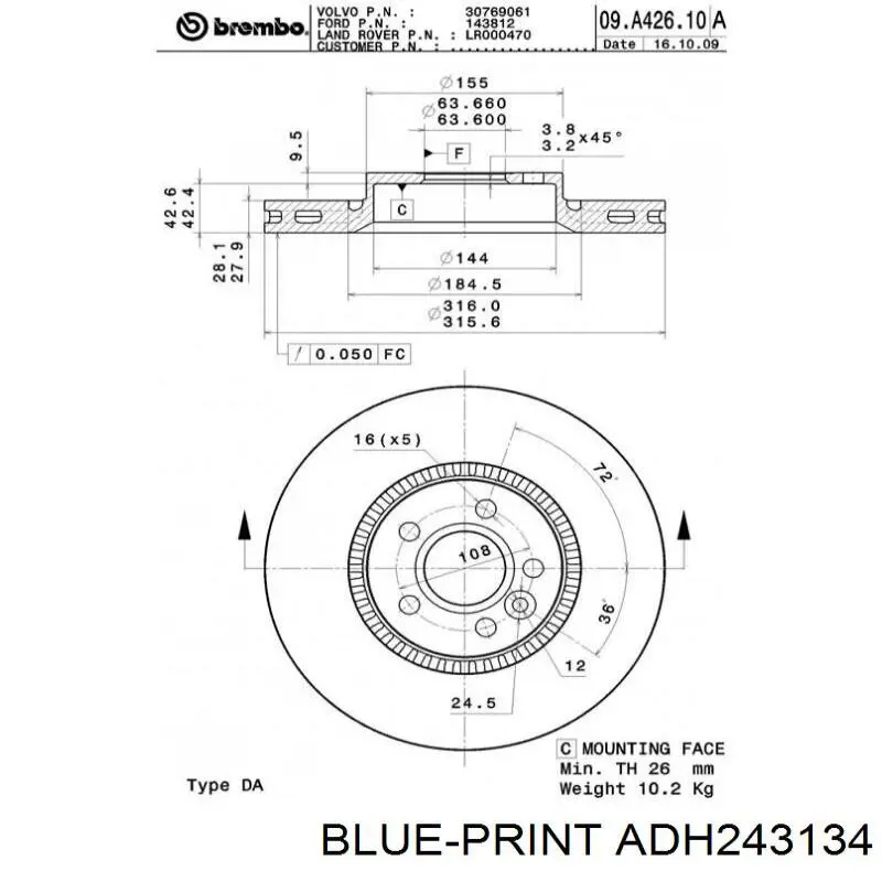 Тормозные диски ADH243134 Blue Print