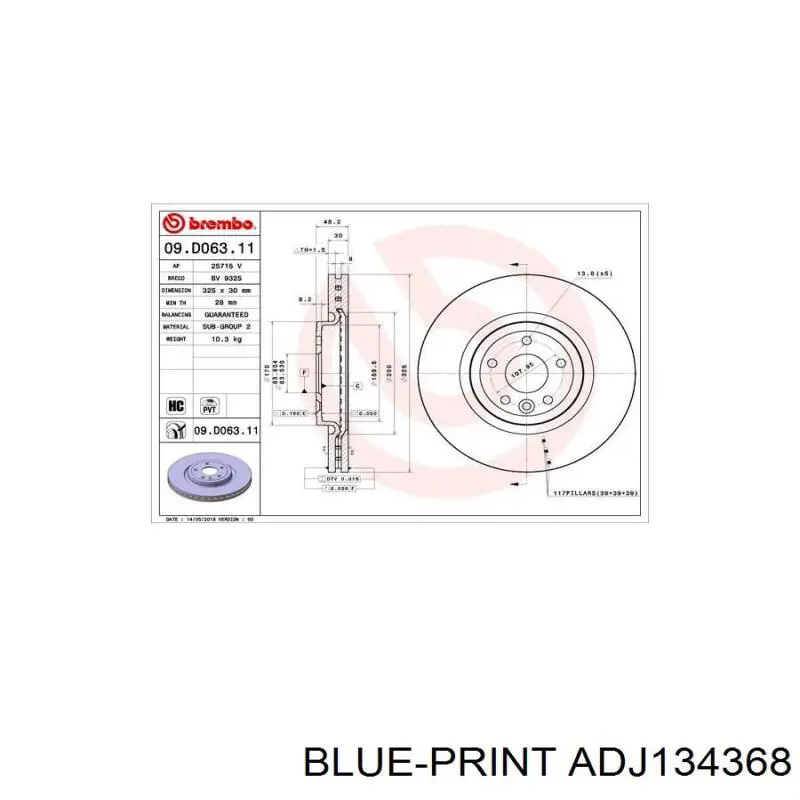 Freno de disco delantero ADJ134368 Blue Print