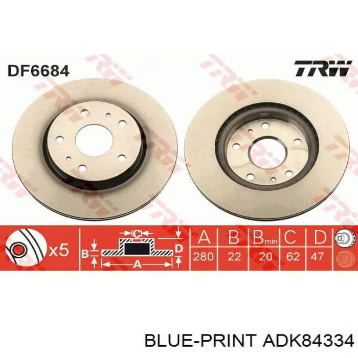 Передние тормозные диски ADK84334 Blue Print