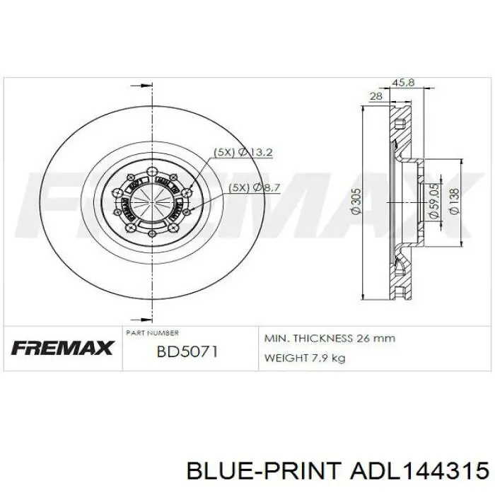 Передний тормозной диск Blue Print ADL144315