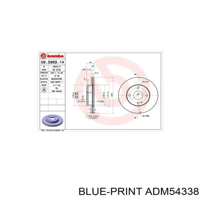 Передний тормозной диск Blue Print ADM54338