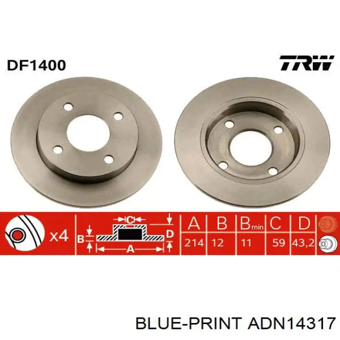 Передние тормозные диски ADN14317 Blue Print