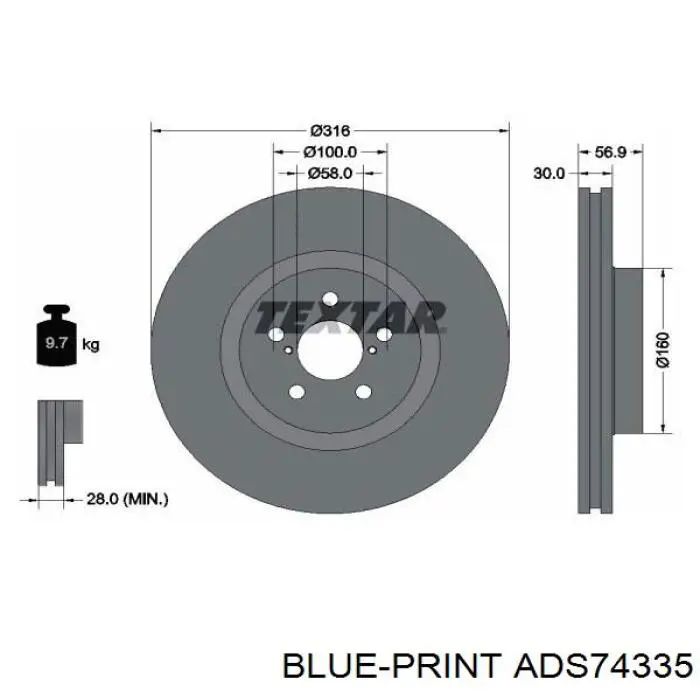 Freno de disco delantero ADS74335 Blue Print