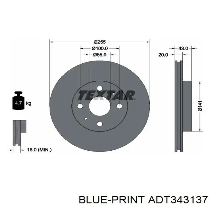 Передний тормозной диск Blue Print ADT343137