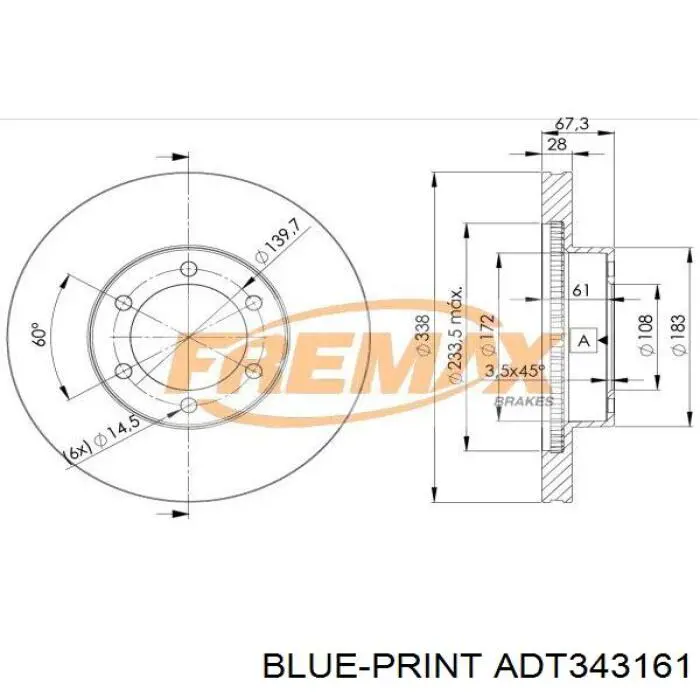 Передние тормозные диски ADT343161 Blue Print