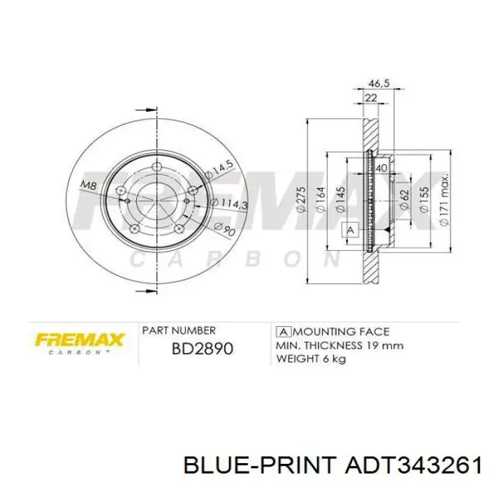 Передние тормозные диски ADT343261 Blue Print