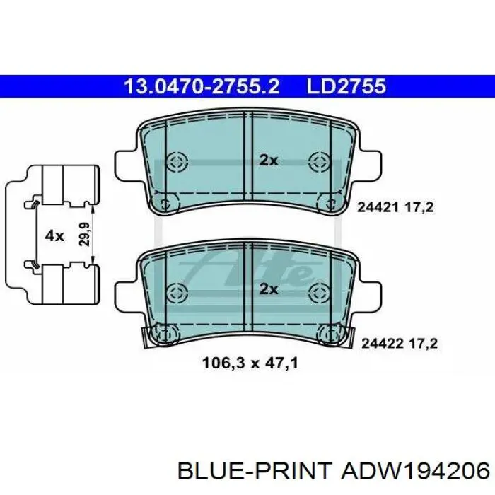 Колодки гальмові задні, дискові ADW194206 Blue Print