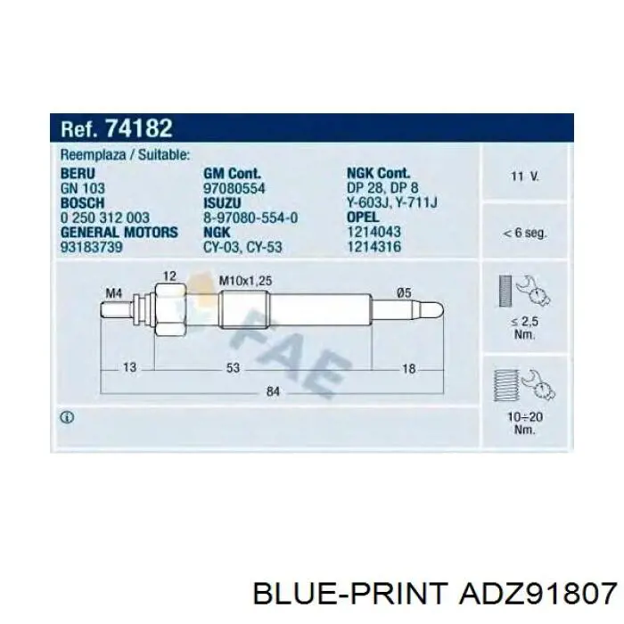 Bujías de calentamiento ADZ91807 Blue Print