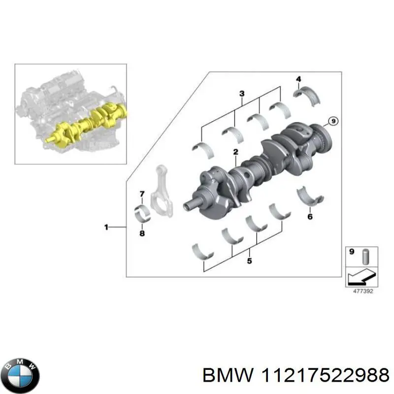 11217522988 BMW вкладыши коленвала коренные, комплект, стандарт (std)