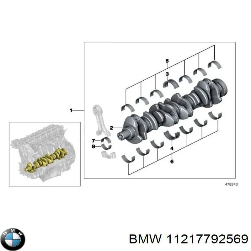 11217792569 BMW вкладыши коленвала коренные, комплект, стандарт (std)