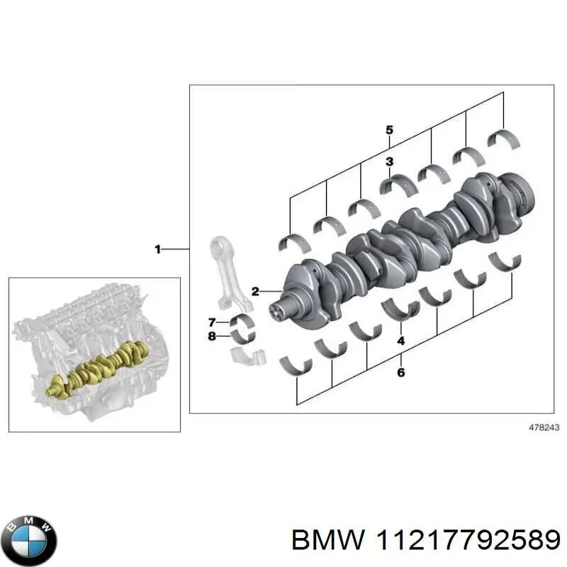 11217792589 BMW вкладыши коленвала коренные, комплект, стандарт (std)