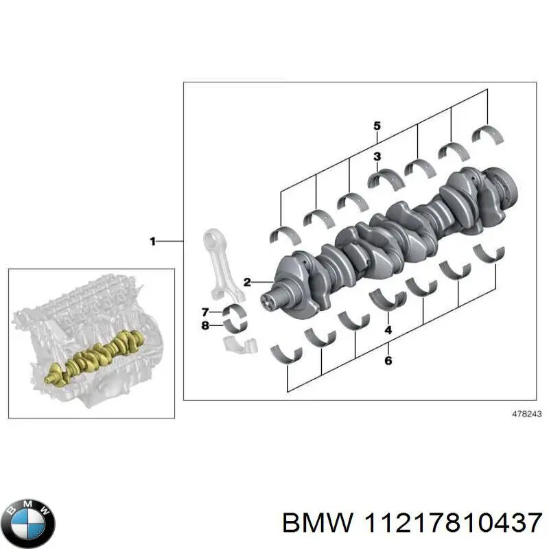 Купить 11217810432 BMW Вкладыши коленвала коренные, комплект, 1-й ремонт (+0,25)