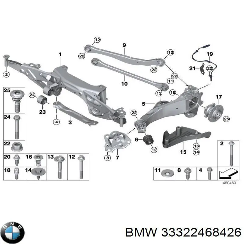 33306898964 BMW braço oscilante (tração longitudinal inferior direito de suspensão traseira)