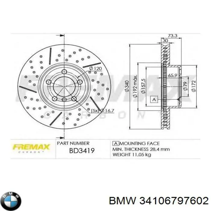 Disco do freio dianteiro 34106797602 BMW