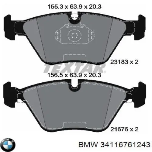 34116761243 BMW колодки тормозные передние дисковые