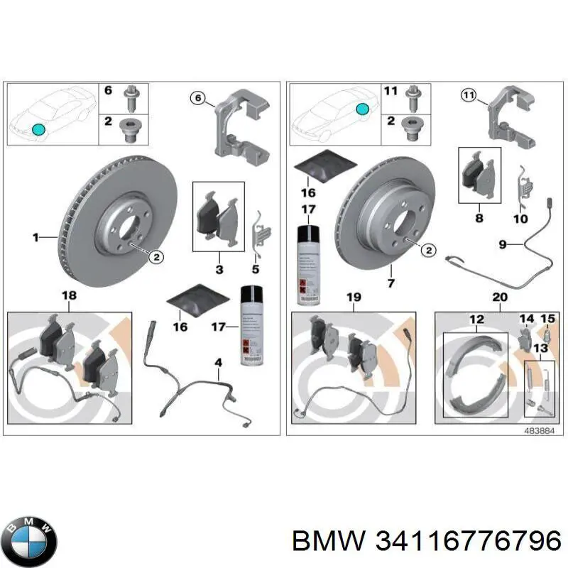 Комплект пружинок крепления дисковых колодок передних BMW 34116776796