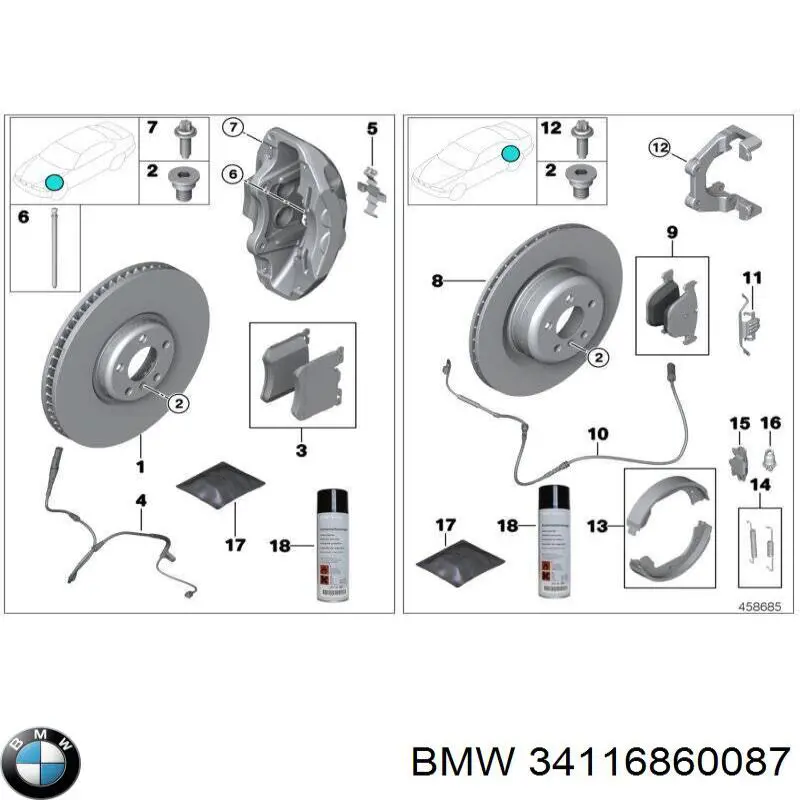 Комплект пружинок крепления дисковых колодок передних BMW 34116860087
