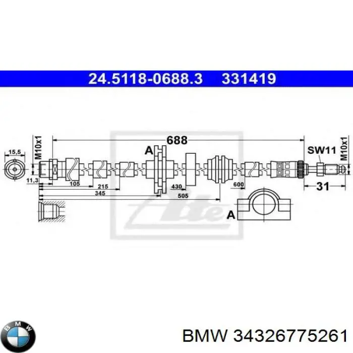 34326775261 BMW шланг тормозной передний
