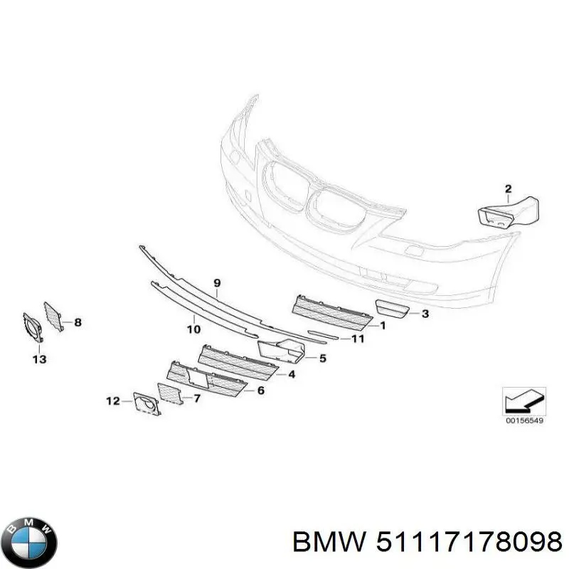 Решетка бампера переднего правая BMW 51117178098