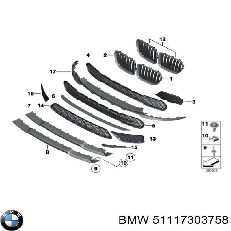 51117303758 BMW grelha direita do pára-choque dianteiro