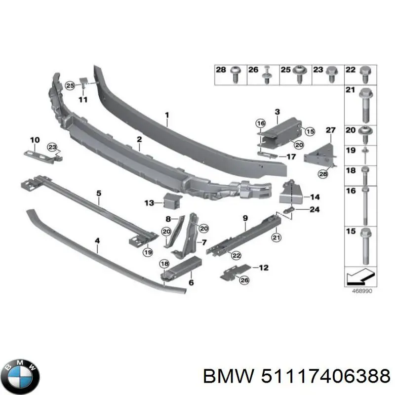 Кронштейн усилителя переднего бампера 51117406388 BMW