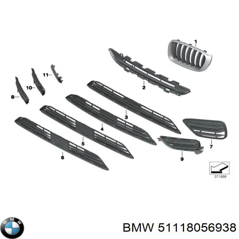 Решетка бампера переднего правая 51118056938 BMW