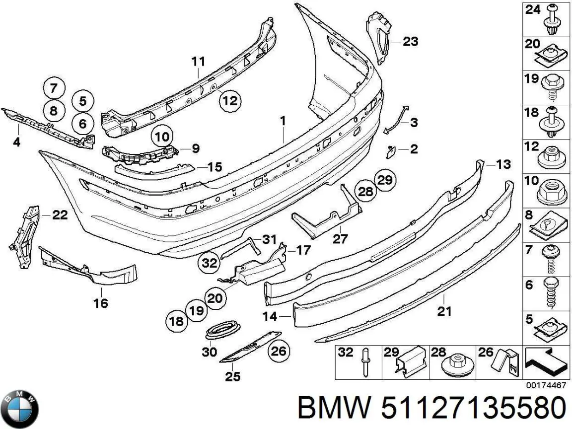 Moldura central do pára-choque traseiro para BMW 7 (E65, E66, E67)