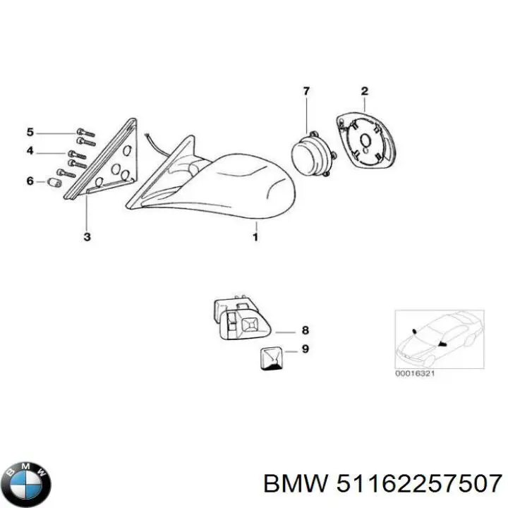 Левое боковое зеркало 51162257507 BMW