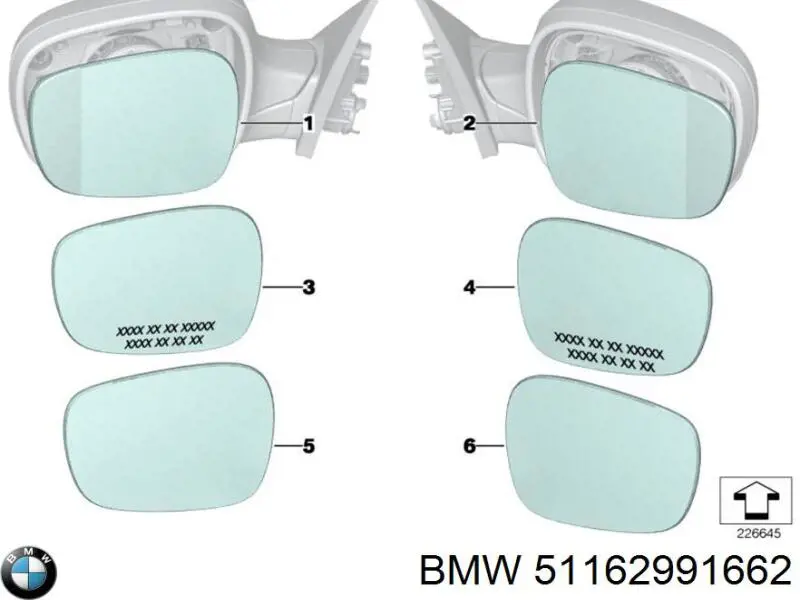 Стекло зеркала заднего вида, правого BMW 51162991662 цена, от 63.35 USD
