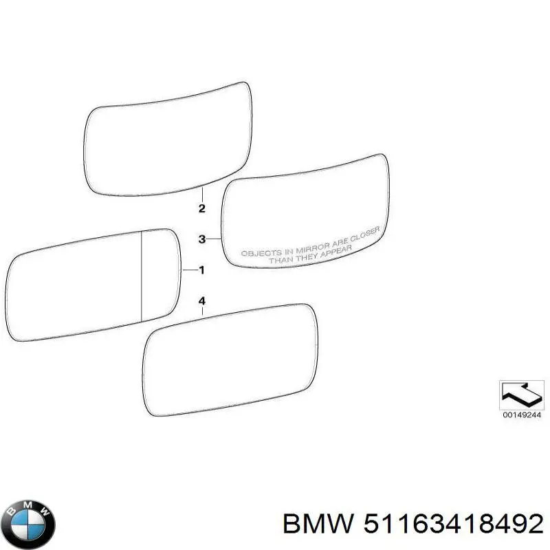 51163418492 BMW Зеркальный элемент правого зеркала заднего вида